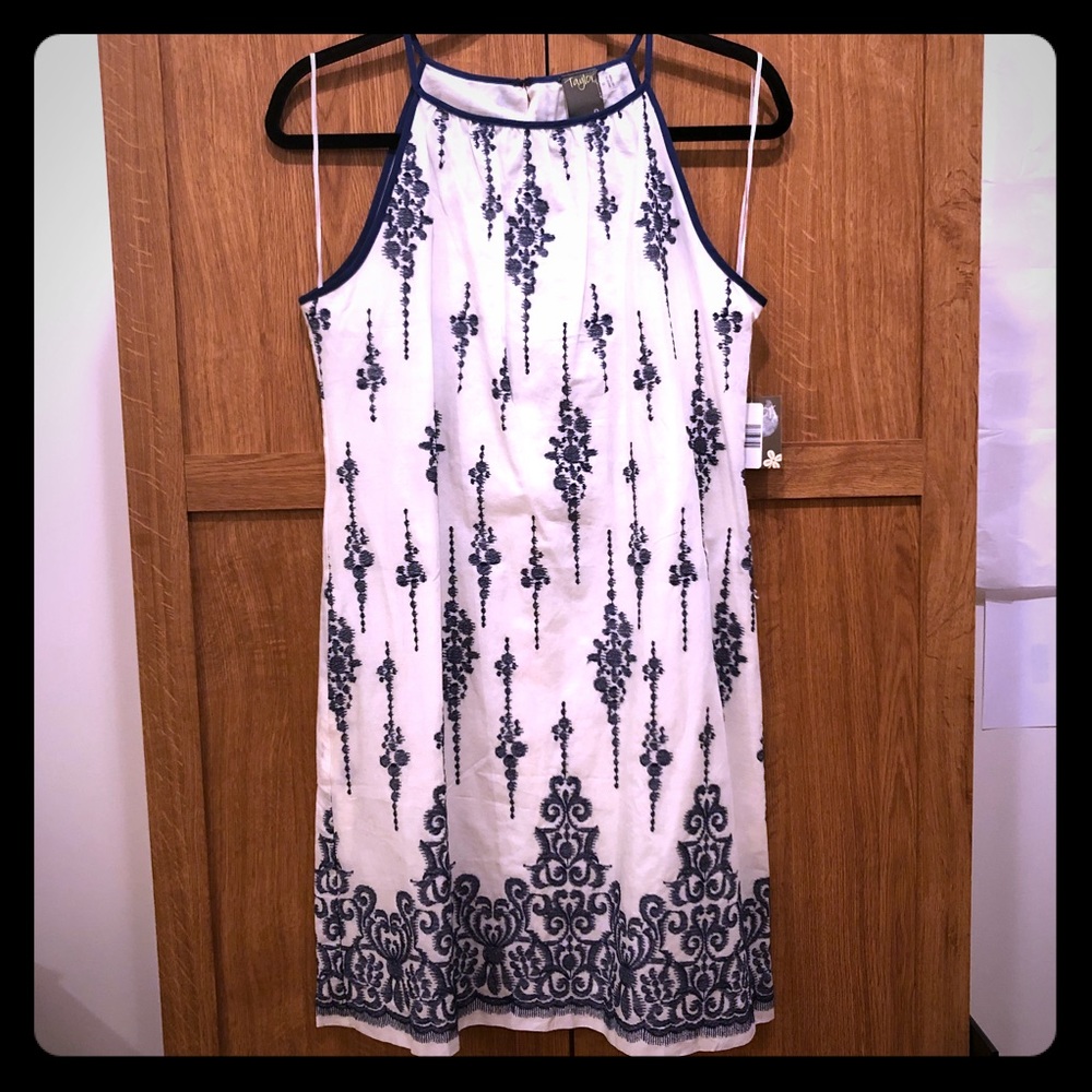 NWT Taylor Cream and Blue Embellished cotton dress